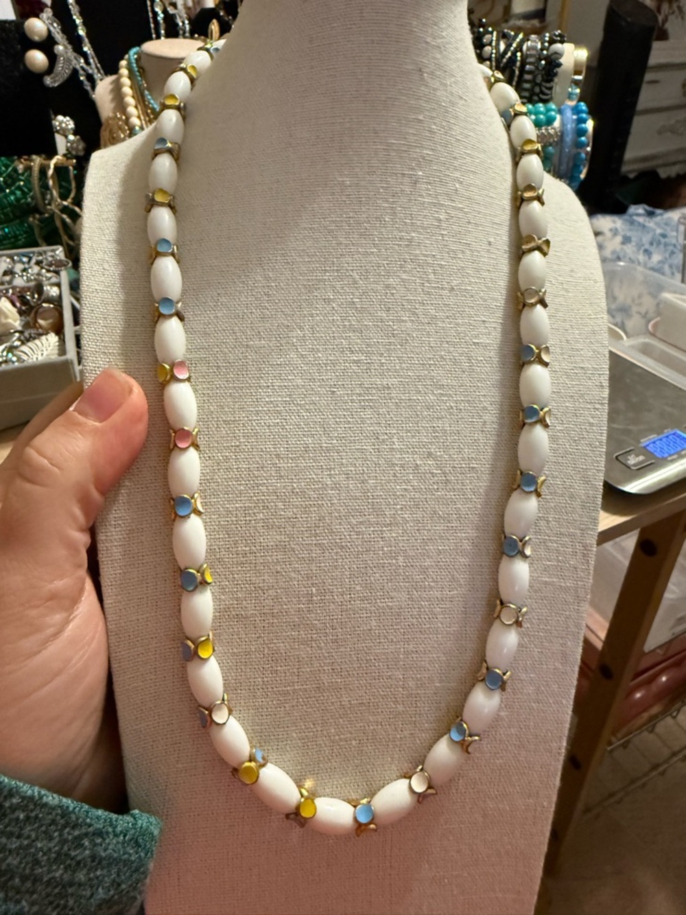White Bead Necklace with Multicolor Accent Stones - Women Jewelry
